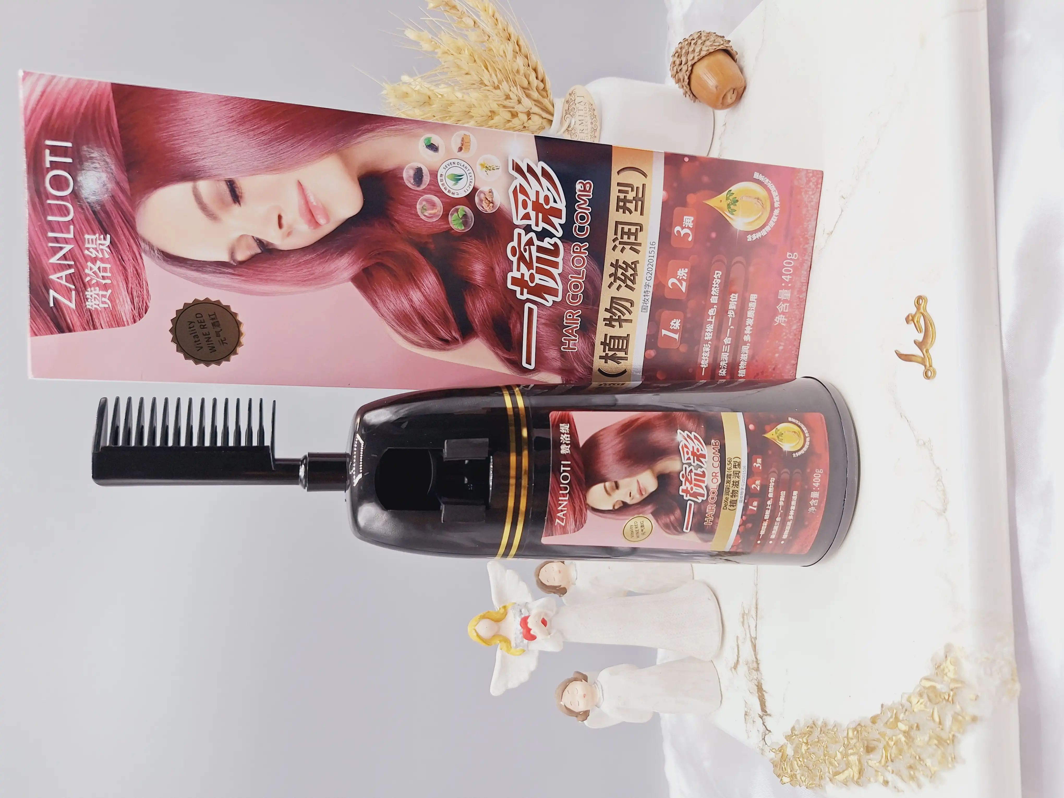 شانه رنگ مو (رنگ شراب قرمز) حجم 400 گرم کاملا طبیعی و گیاهی برند ‏ZANLUOTI‏ برند 100213