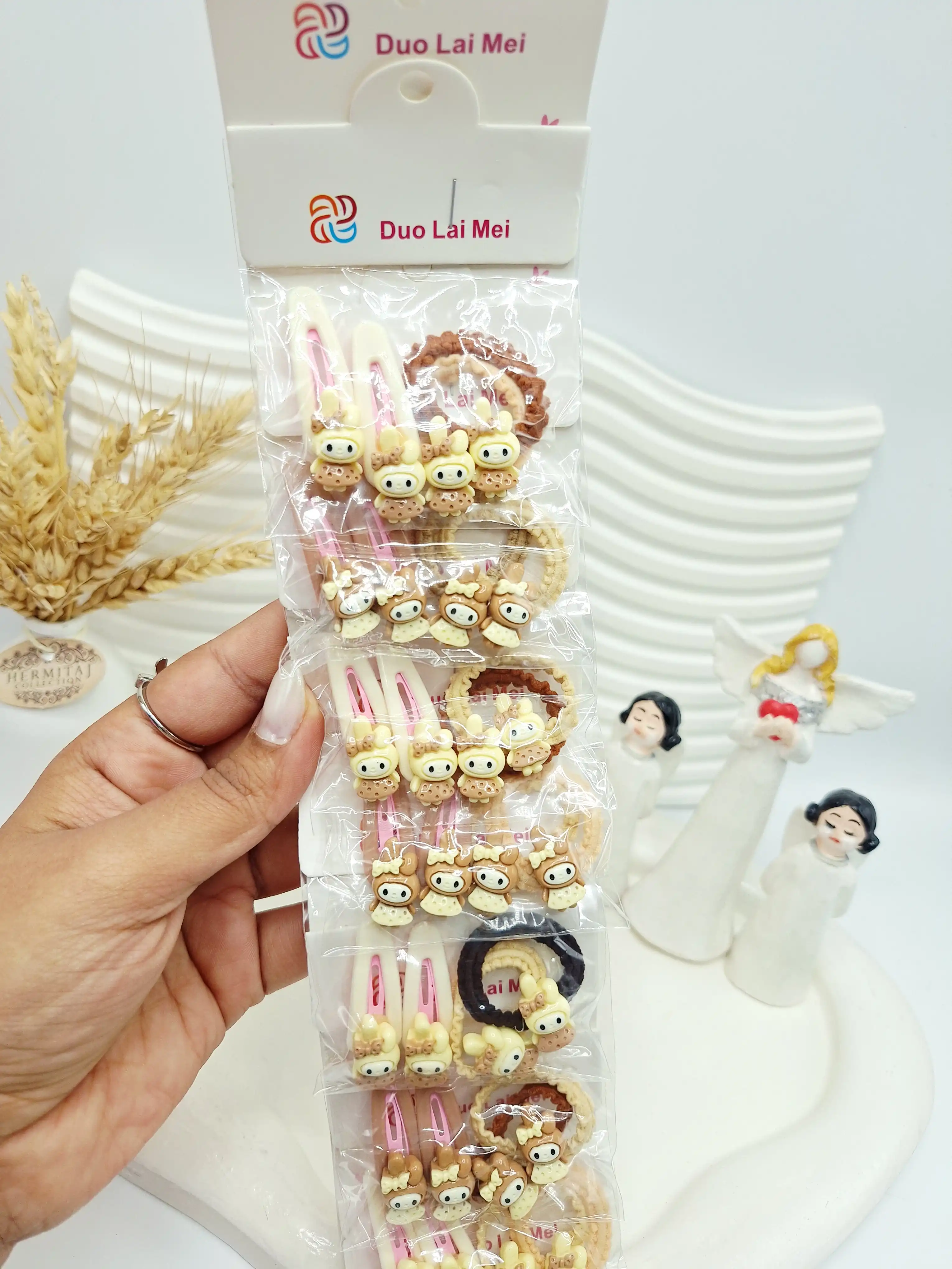 ست 10 تایی کش و پنس مو دخترانه کرومی رنگ کرم